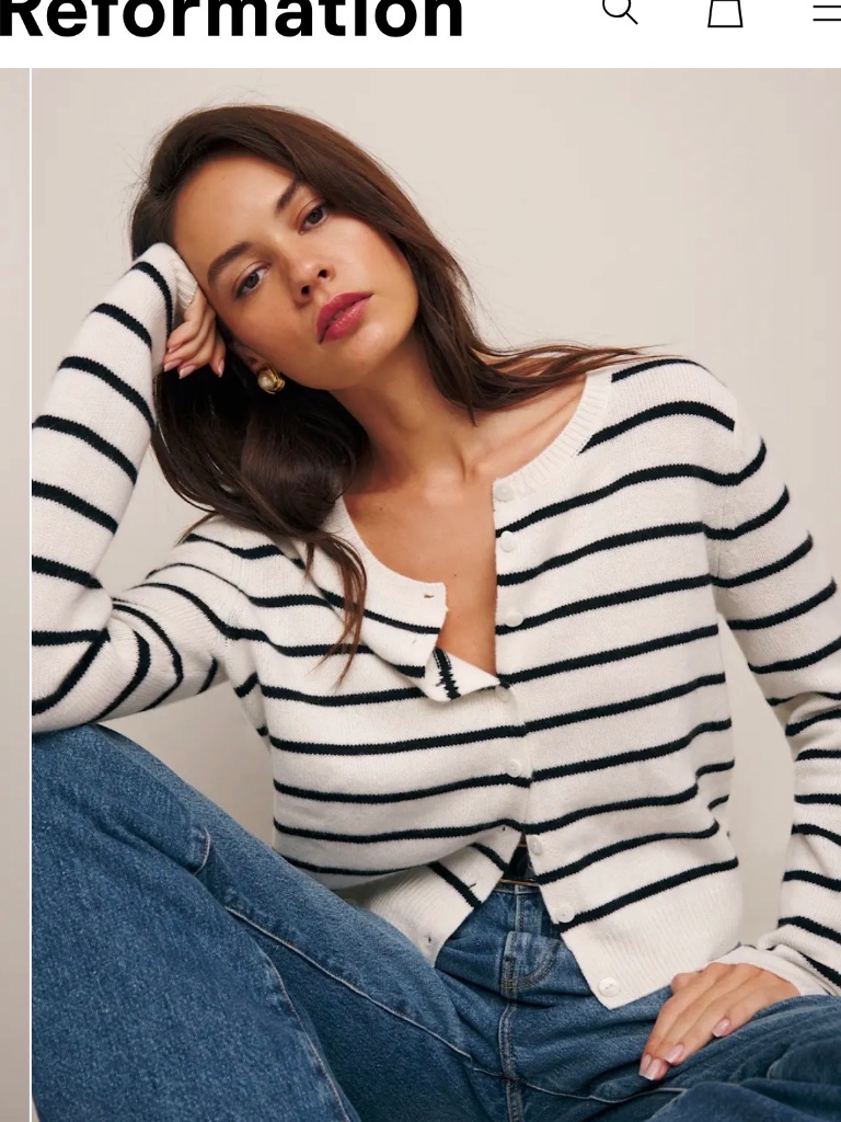 Reformation Clara Cashmere Crew Cardigan Gossamer Black Stripe - Size S